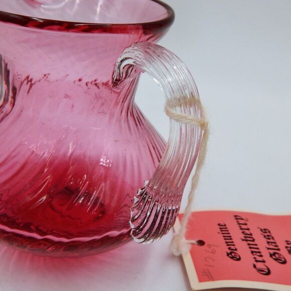 Pilgrim Glass Handblown Swirl Cranberry Vase Pitcher Applied Clear Handle 3 Inch - Picture 6 of 9
